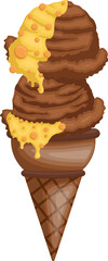 Chocolate soft serve ice cream topped with ball sprinkles and yellow syrup
