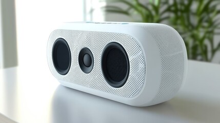 A modern white portable speaker device sitting on a table top