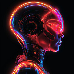 Futuristic woman with neon VR headset and glowing wires – sci-fi cyberpunk concept art