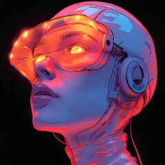 Futuristic woman with neon VR headset and glowing wires – sci-fi cyberpunk concept art