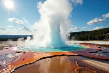 Majestic Yellowstone geyser erupting, hot water and steam rising high into the air , volcano, wonder, amazing