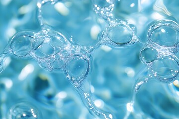 Close-up of translucent soap bubbles on a light blue background with a soft, abstract texture