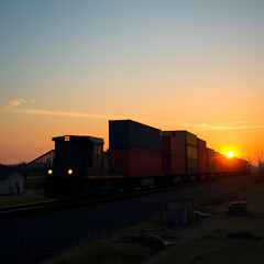Obraz premium A long container stack train glowing in the amber sunset