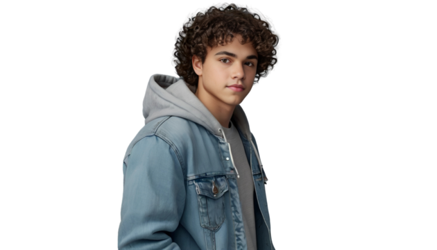 Young Man with Curly Hair in Denim Jacket and Hoodie, Isolated on Transparent Background, PNG