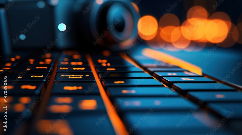 Poster illuminated keyboard and camera lens in abstract night time display