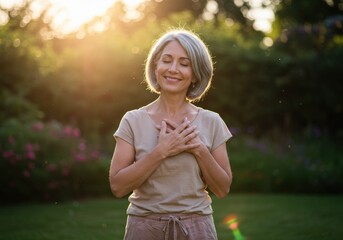 A smiling, serene mature woman holds her hands over her chest in peaceful contemplation outdoors.