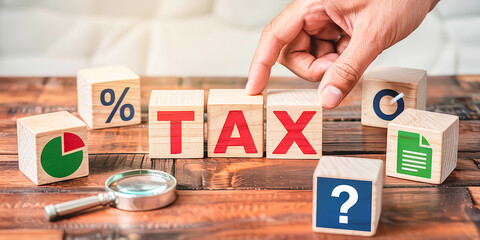 The word TAX. Issue of tax. Putting wood cubes with alphabets and icons. Top view of the table