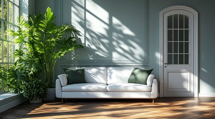Bright, airy room with white couch and green plant