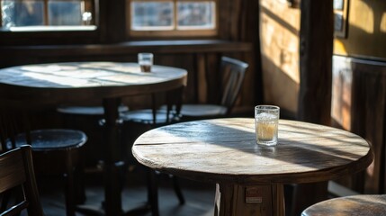 A dimly lit room features tables and windows and glasses
