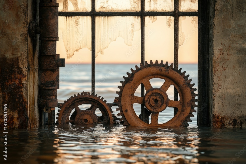 Poster rustic gears submerged in floodwaters, set against a window overlooking the sea.