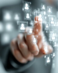 decision makers digital persona marketing shopper target audience A person interacts with a digital interface, illustrating the concept of advanced communication and social connectivity in technology.