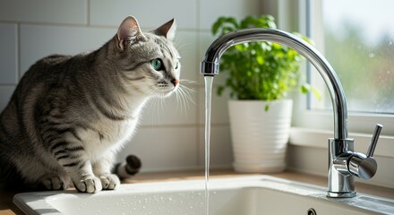 Silver Tabby Cat Gazing at Flowing Faucet Water in Bright White Kitchen with Green Potted Plant and Natural Lighting
