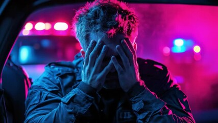 Emotional man in distress sitting in car with police lights illuminating face, highlighting feelings of despair and uncertainty at night 4k video footage