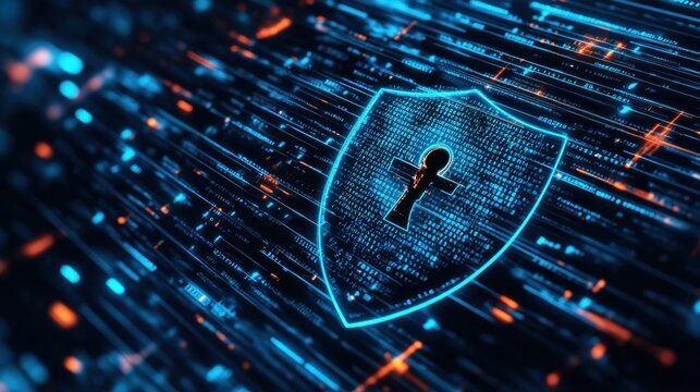 Digital shield symbolizing cybersecurity with data flow backdrop - Powered by Adobe