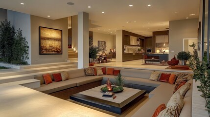 Modern living room with cozy seating and kitchen view