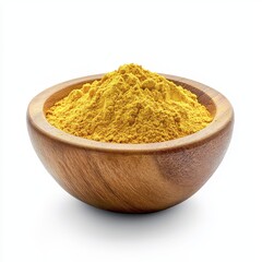 Yellow spice powder in wooden bowl - obrazy, fototapety, plakaty