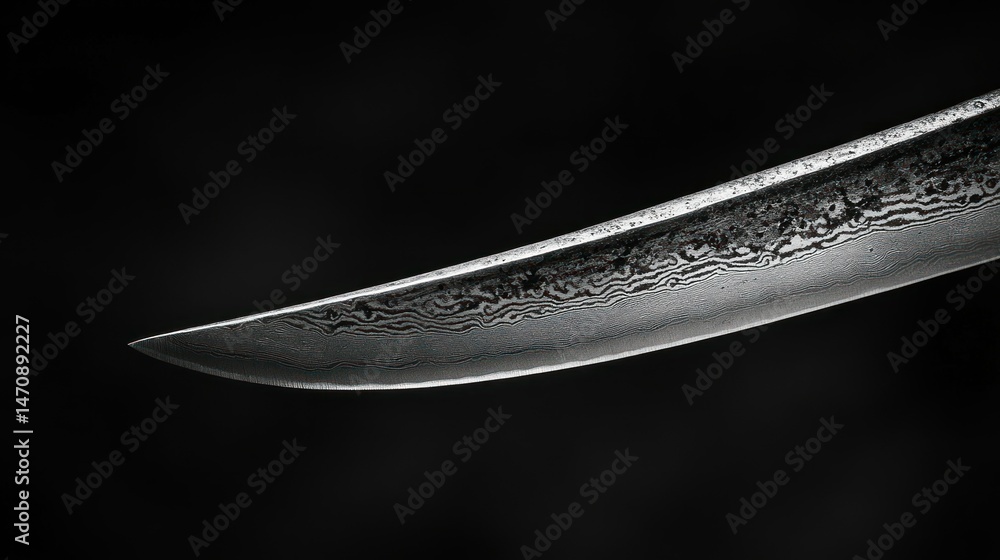 Poster a sharp metallic curved blade against a dark background setting