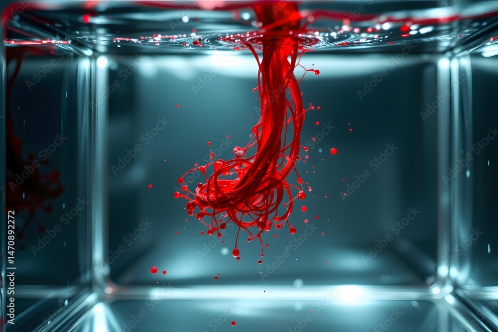 Poster red ink splash: a vivid red ink splash erupts in a clear, glass container filled with water. the red