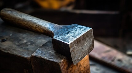 A blacksmiths tool resting upon a wooden workbench surface