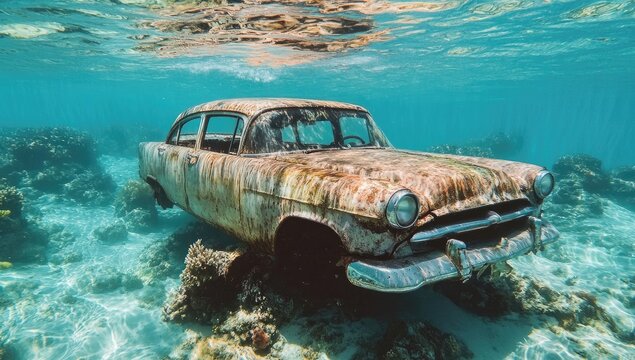 Sunken vintage car rests on ocean floor, partially submerged, surrounded by coral