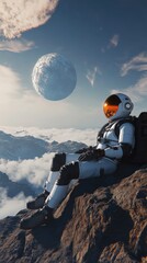 Obraz premium Astronaut Sitting on Mountain Overlooking Planetary Landscape