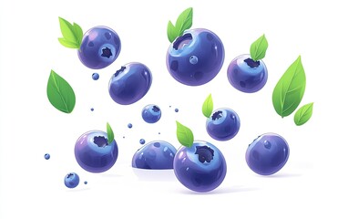 A cluster of blueberries with leaves, some in mid-air and some on a white surface