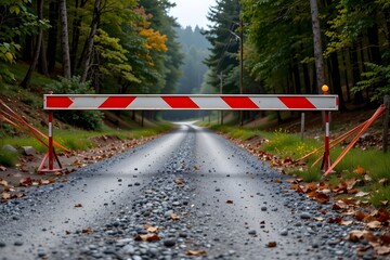 Barrier on the road: A stark red-and-white barrier blocks a rural road, highlighting a message of caution, and adding a note of intrigue with the road leading off into the distance. 
