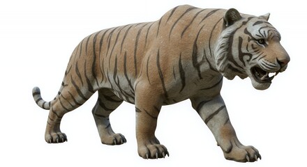 Fototapeta premium Stone Tiger Statue Isolated on White Background Detailed Texture Walking Position Wildlife Art Animal Sculpture Craft Tiger Stripes and Realistic Features Decorative Object