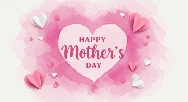 Happy Mother's Day Pink Watercolor Heart Design with Paper Hearts