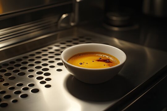 Small white bowl of amber liquid on stainless steel surface inside a machine - Powered by Adobe