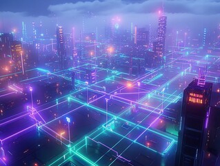 Obraz premium Futuristic cityscape at night, illuminated by vibrant neon lines