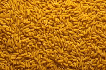 Golden orzo pasta background. Close-up view of small, rice-shaped Italian noodles. Dry uncooked pasta texture. Ingredient for Mediterranean cuisine. World Pasta Day concept.