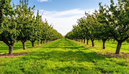 Fototapeta premium Lush Green Orchard Rows of Fruit Trees Sunny Day Agriculture Farming Scenery