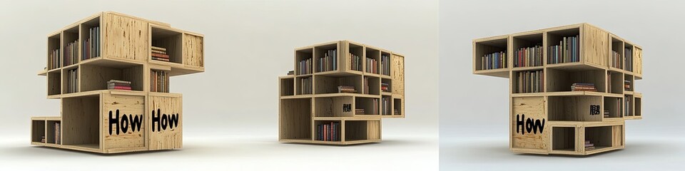 Modular wooden bookcase with customizable configurations, offering diverse storage solutions and a unique design