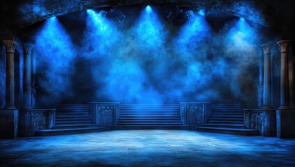 Mystical blue-lit stone staircase stage, smoky atmosphere