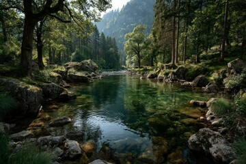 Obraz premium Tranquil Forest Stream with Crystal Clear Water and Lush Greenery Ideal for Nature and Relaxat