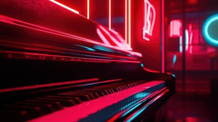 The piano keyboard sits illuminated with neon lighting indoors