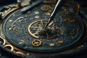 Intricate clockwork mechanism. A close-up view of a meticulously crafted antique clock mechanism, with intricate gears and springs. A tiny tool is delicately positioned near a crucial component