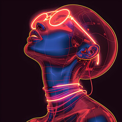 Futuristic woman with neon VR headset and glowing wires – sci-fi cyberpunk concept art