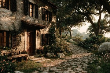 Charming Stone Cottage with Cobblestone Pathway and Lush Garden Ideal for Nature and Home Them