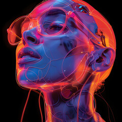 Futuristic woman with neon VR headset and glowing wires – sci-fi cyberpunk concept art