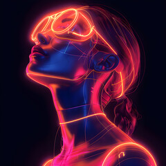 Futuristic woman with neon VR headset and glowing wires – sci-fi cyberpunk concept art
