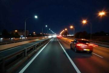 Naklejka premium Blurred motion of a fast-moving car on a highway at night , driving, nighttime, bokeh