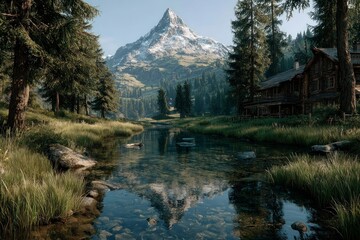 Naklejka premium Serene Mountain River Scene with Cabin and Reflection