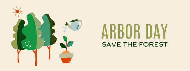 Arbor Day template. Save trees illustration vector graphic with tree, leaves, watering plants, typography. Symbols of gardening on horizontal background. Editable template for poster, banner and cover