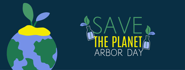 Arbor Day template. Save trees illustration vector graphic with tree, leaves, earth, planet. Symbols of gardening on dark background. Flat editable collection for poster, banner and cover.