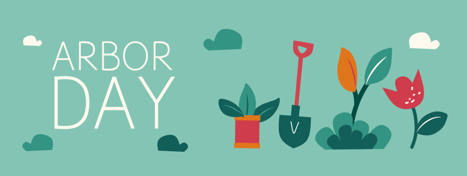 Arbor Day template. Save trees illustration vector graphic with tree, leaves, grass, equipment, typography. Symbols of gardening on green background. Editable template for poster, banner and cover.