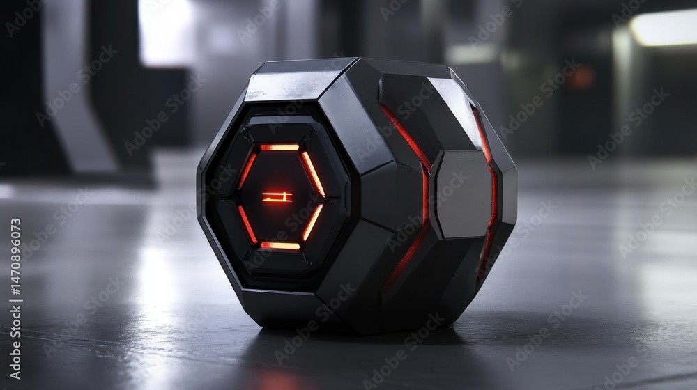 Poster a dark geometric orb featuring inner hexagonal red illumination