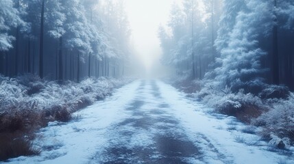 Obraz premium Snowy forest path sunlight