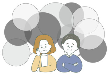 中高年男女と悩みの吹き出しのイラスト